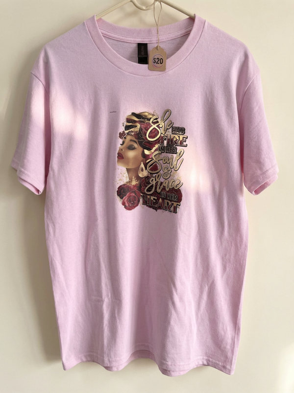 Fire in Her Soul" Pink Graphic Tee – Empowerment T-Shirt for Women