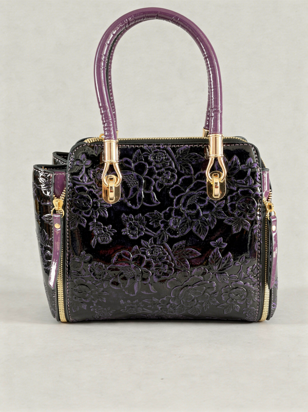 Radiant Noir Embossed Floral Handbag