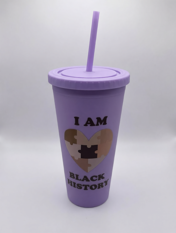 I Am Black History” Puzzle‑Heart Tumbler – Purple Straw Cup