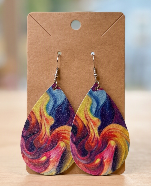 Multi-Color Abstract Fluid Art Teardrop Faux Leather Statement Earrings