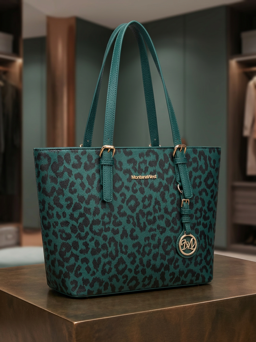 Montana West 2-Piece Leopard Tote & Wallet Set – Teal Animal Print Handbag & Matching Clutch
