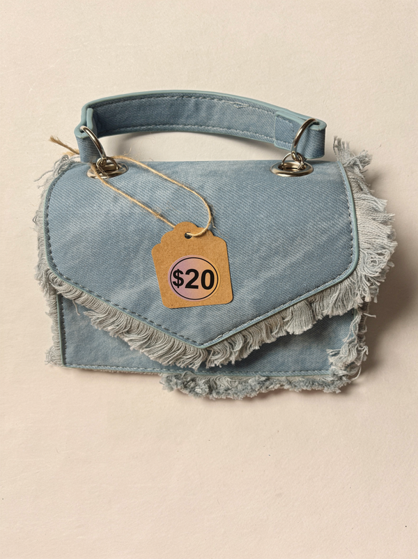 Vintage‑Wash Blue Denim Tote with Raw Hem Carry Mini Handbag