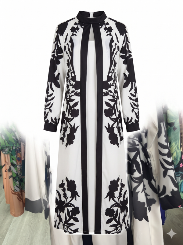 Elegant Black & White Botanical Silhouette Open-Front Maxi Duster