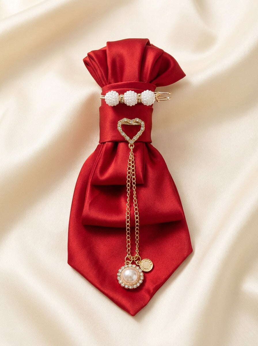 1-of-1 Custom Red Satin Tie – Handcrafted Pearl Barrette & Gold Rhinestone Heart Pendant