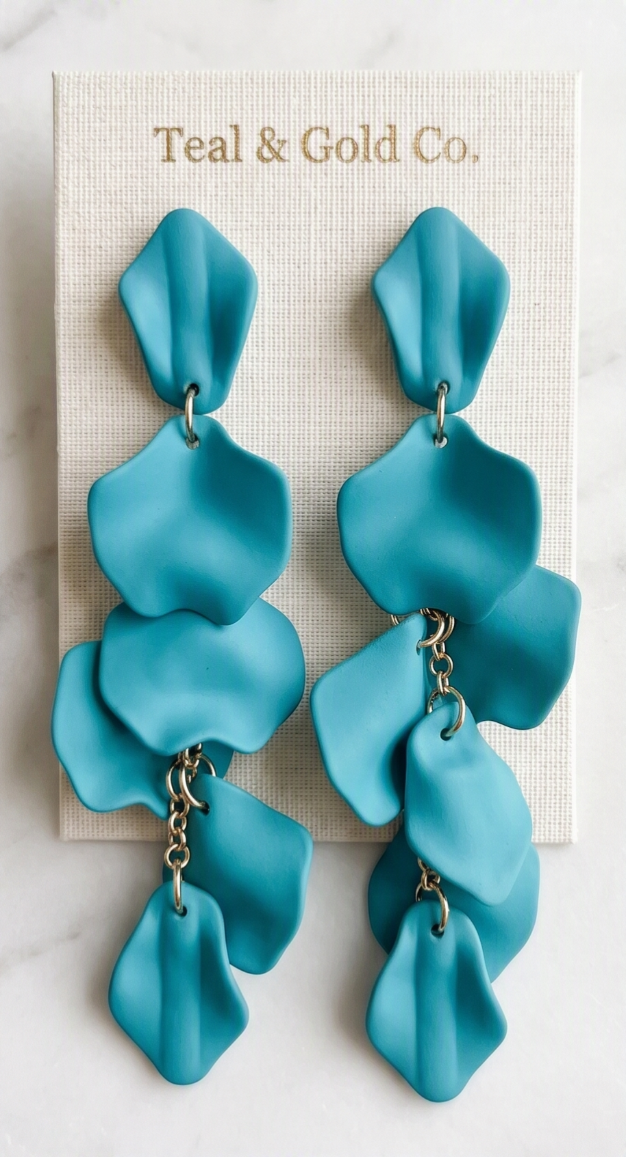 Teal Blue Cascading Petal Dangle Earrings - Multi-Tiered Matte Gold Drop Earrings