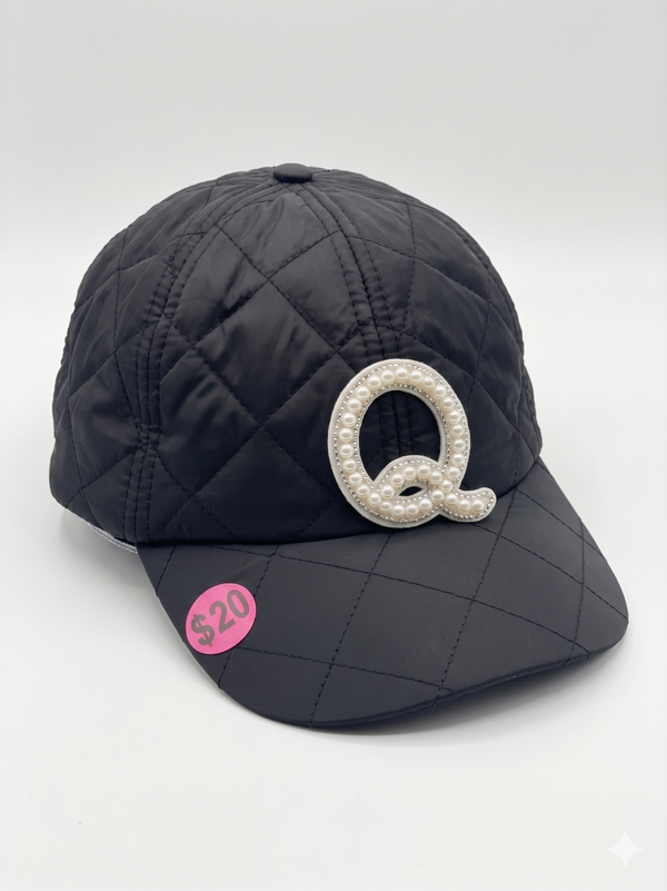 Custom Quilted Black Baseball Cap with Pearl & Rhinestone "Q" Patch