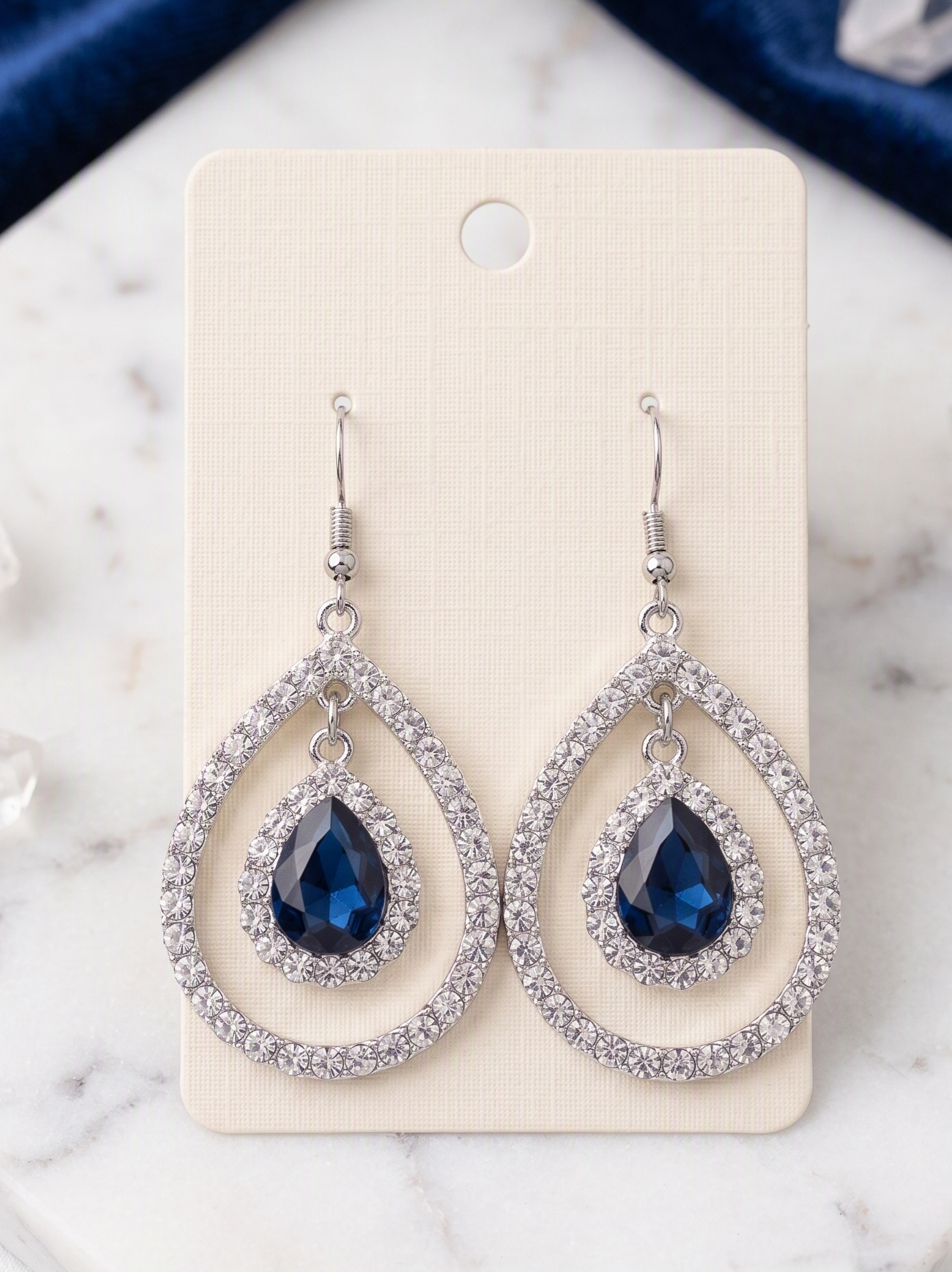 Large Silver Teardrop Dangle Earrings with Clear Rhinestones and Sapphire Blue Pear Stones - Elegant Formal Jewelry