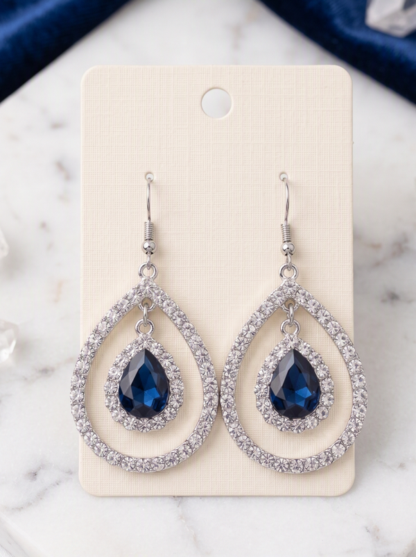 Large Silver Teardrop Dangle Earrings with Clear Rhinestones and Sapphire Blue Pear Stones - Elegant Formal Jewelry