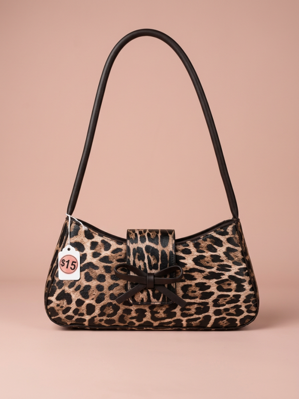 Leopard Print Baguette Shoulder Bag with Bow Detail – Faux Hair 90s Vintage Style