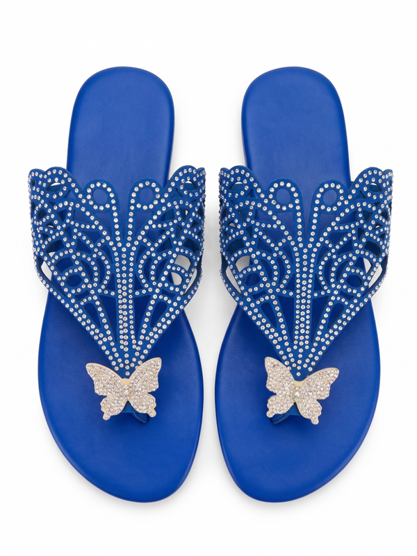 Royal Blue Rhinestone Filigree Flat Sandals with Sparkling Butterfly Accent