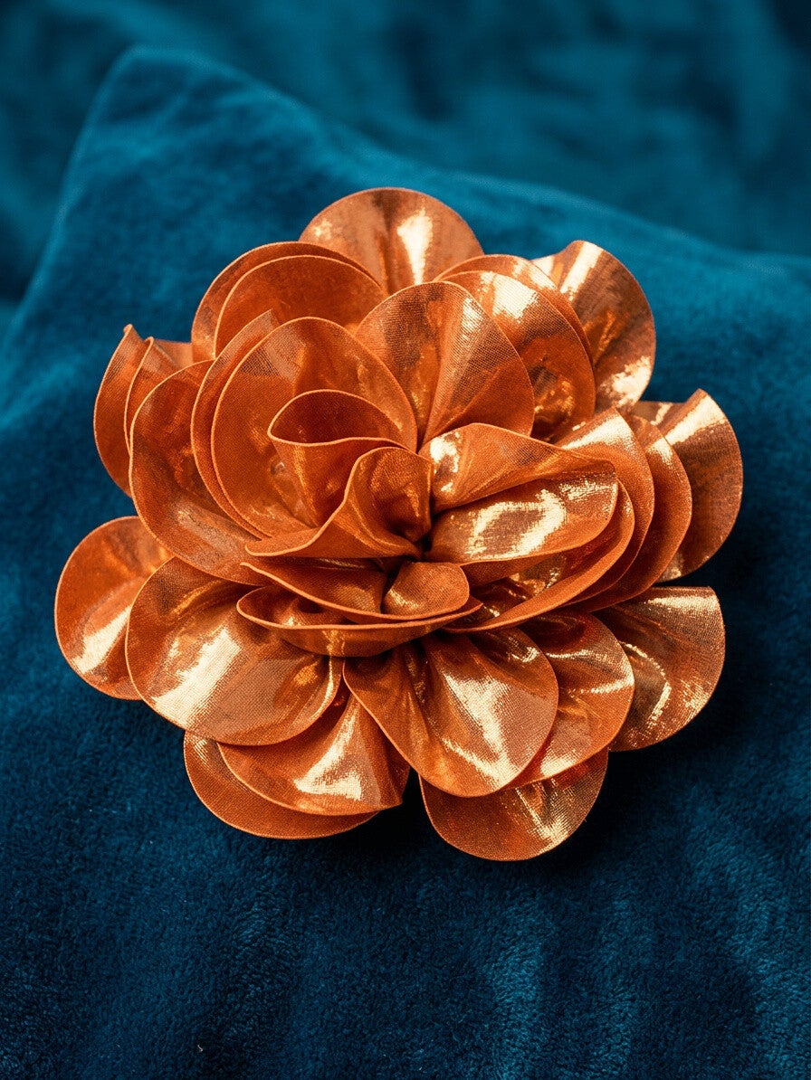 Metallic Copper Fabric Flower Brooch – Large Bronze 3D Rose Pin for Blazers & Coats