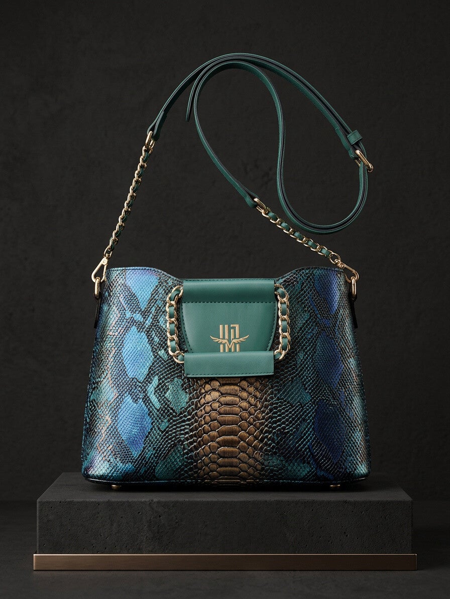 Iridescent Snakeskin Crossbody Bag – Teal & Bronze Exotic Print Satchel with Gold Chain Strap