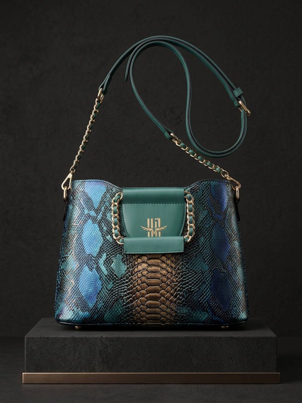 Iridescent Snakeskin Crossbody Bag – Teal & Bronze Exotic Print Satchel with Gold Chain Strap