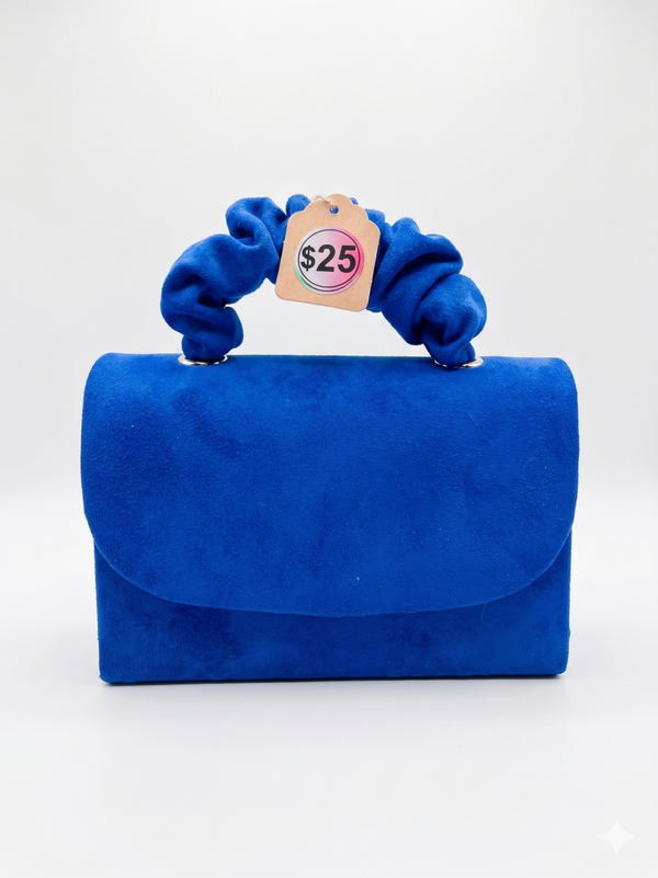 Royal Blue Suede-Textured Mini Handbag with Ruched Scrunchie Handle
