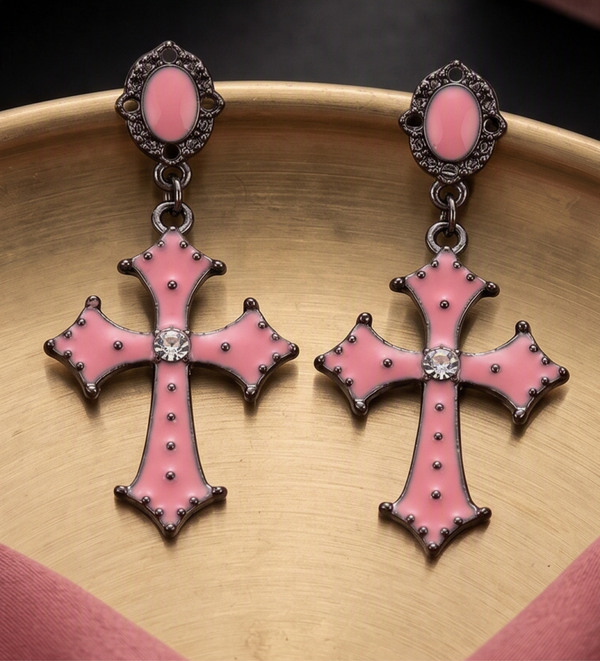 Pink Enamel and Gunmetal Gothic Cross Drop Earrings with Rhinestone Centers