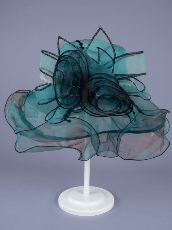 Deep Teal Iridescent Organza Church Hat – Oversized Floral Fascinator for Kentucky Derby
