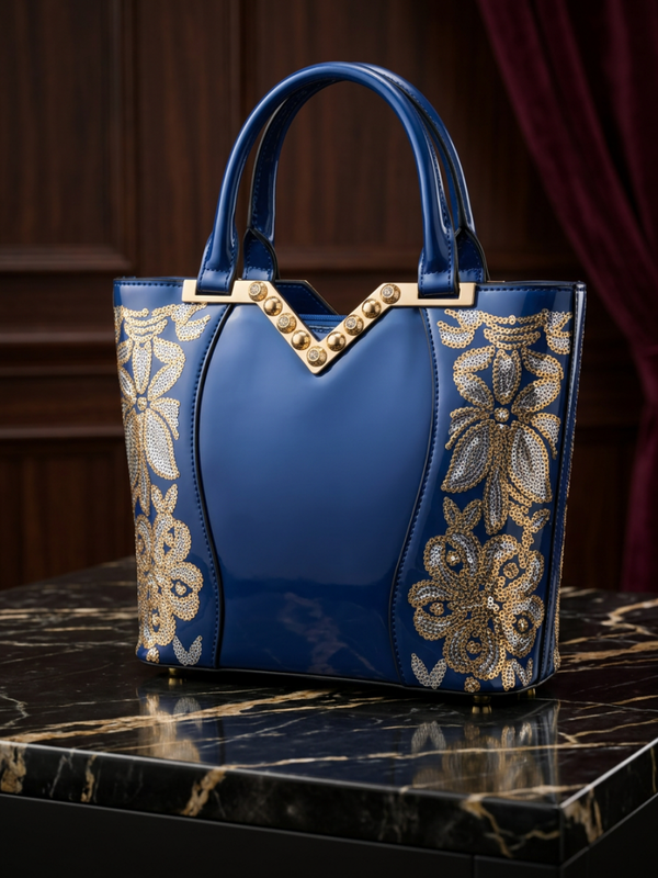 Royal Blue Patent Leather Satchel – Gold Sequin Floral Embroidery Statement Handbag