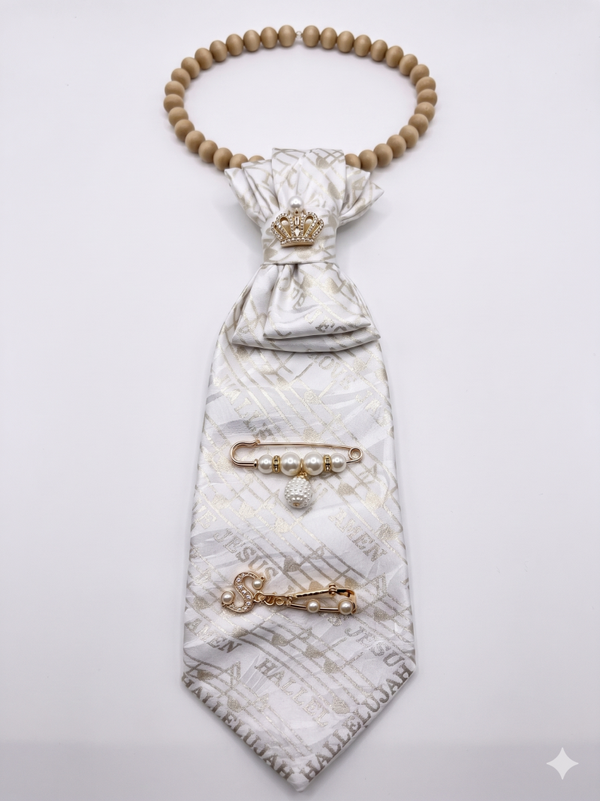 Custom White & Gold "Hallelujah" Necktie with Beaded Collar, Pearl Brooches & Crown Accent
