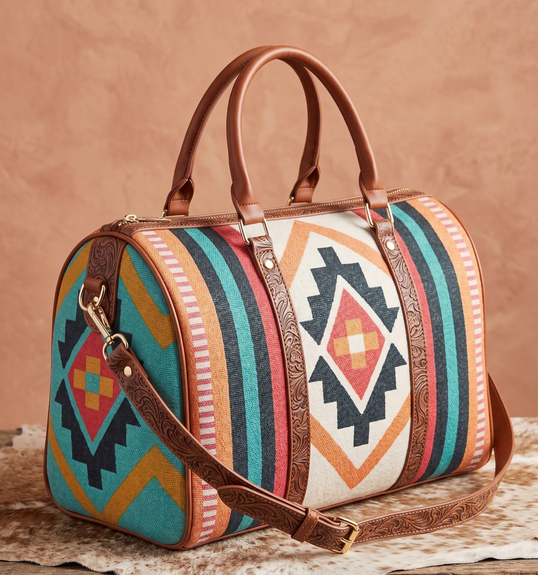 Navajo-Style Woven Barrel Bag with Tooled Western Leather Trim & Strap