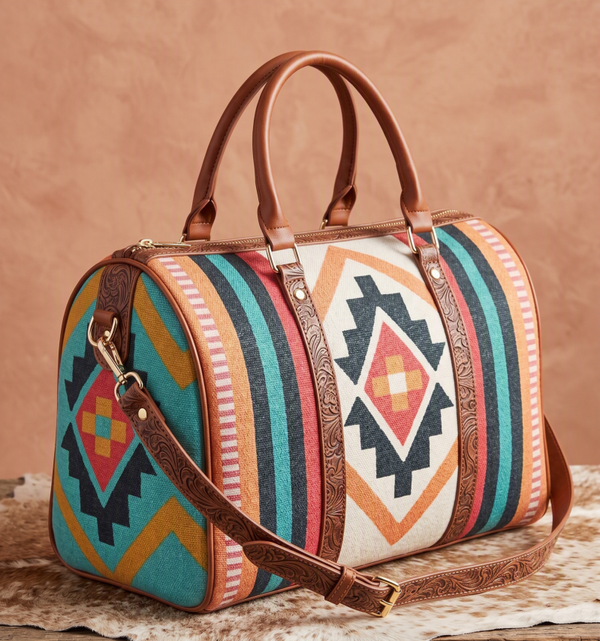 Navajo-Style Woven Barrel Bag with Tooled Western Leather Trim & Strap