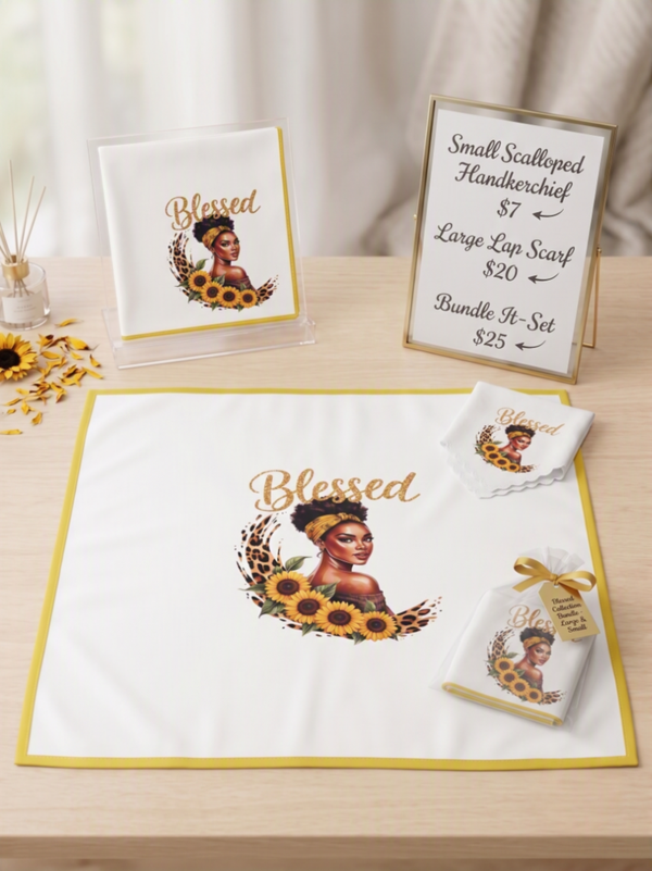 "Blessed" Custom Afro Queen & Sunflower Handkerchief and Lap Scarf Collection