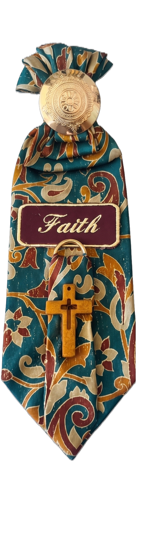 Custom "Faith" Necktie with Teal Botanical Pattern, Gold Medallion & Wooden Cross