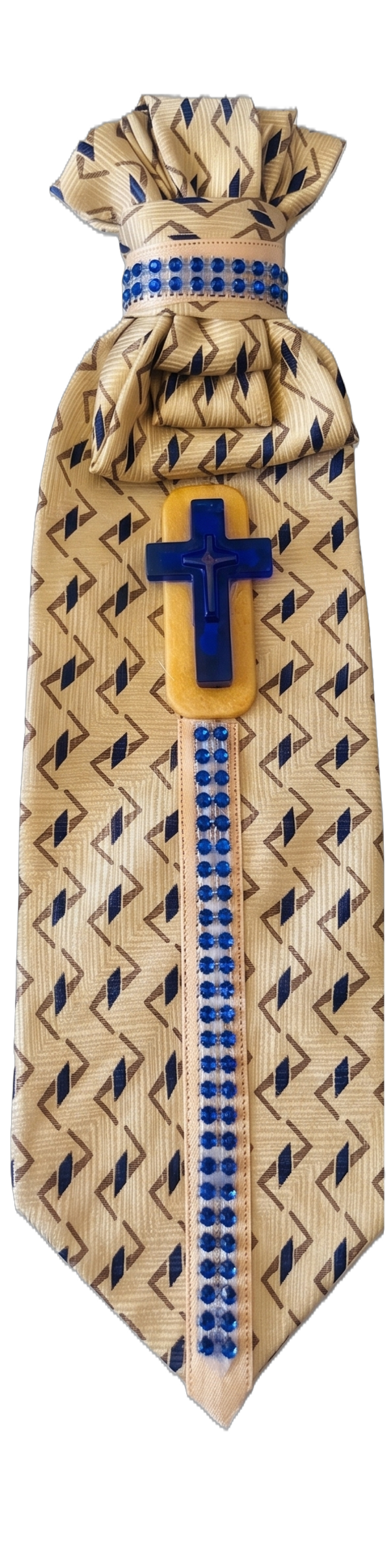 Gold Geometric Custom Necktie with Dimensional Blue Cross & Rhinestone Accents