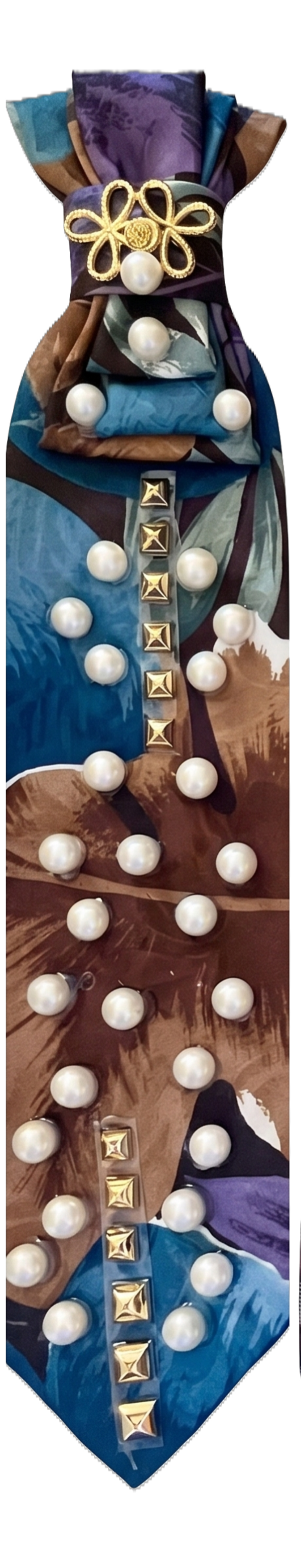 Abstract Blue & Brown Custom Necktie with Faux Pearls & Gold Pyramid Studs