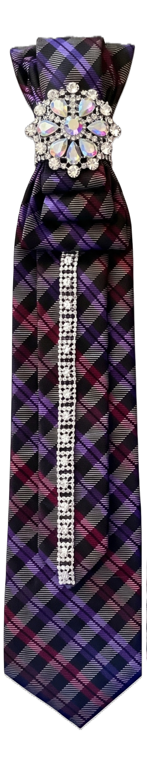 Purple Plaid Custom Necktie with Iridescent Rhinestone Brooch & Crystal Trim