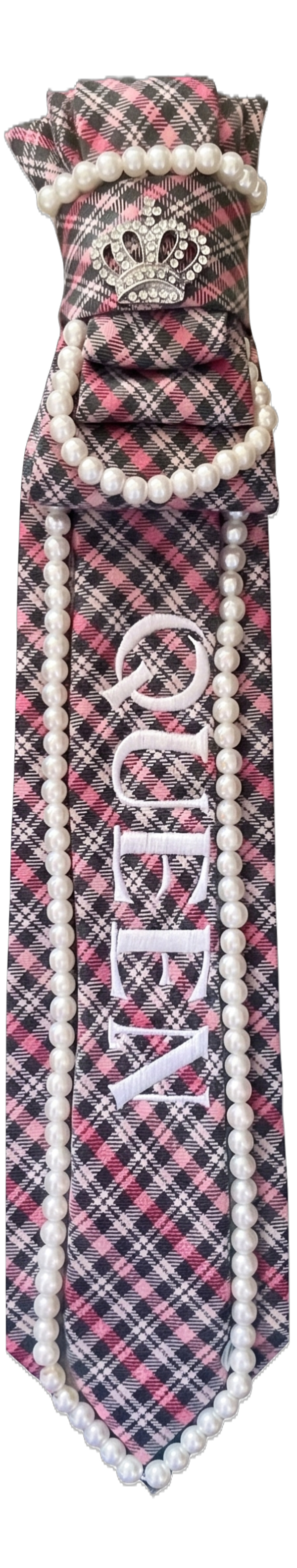 Pink Plaid "Queen" Custom Necktie with Rhinestone Crown & Faux Pearl Trim