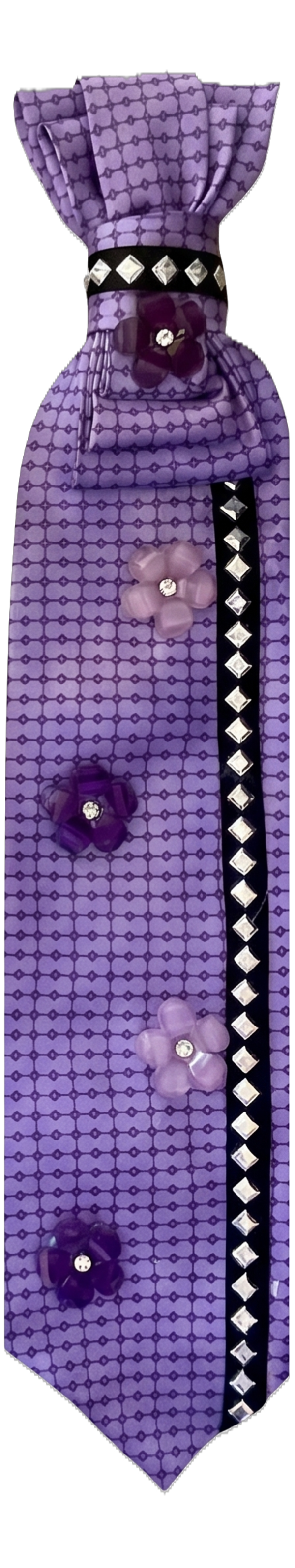 Purple Geometric Custom Necktie with 3D Floral Accents & Studded Ribbon Trim
