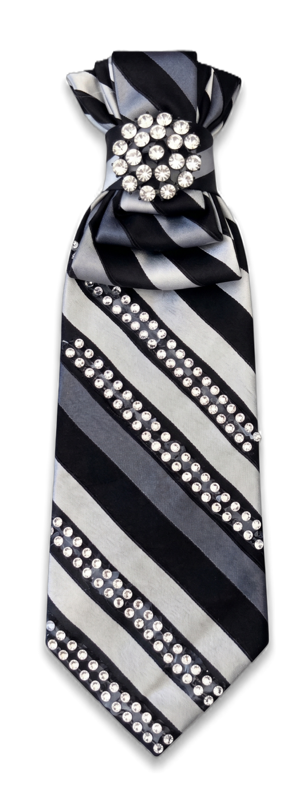 Black & Silver Striped Custom Necktie with Domed Rhinestone Brooch & Crystal Accents