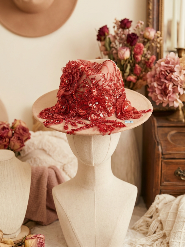 Romantic Red Lace & Sequin Embellished Fedora