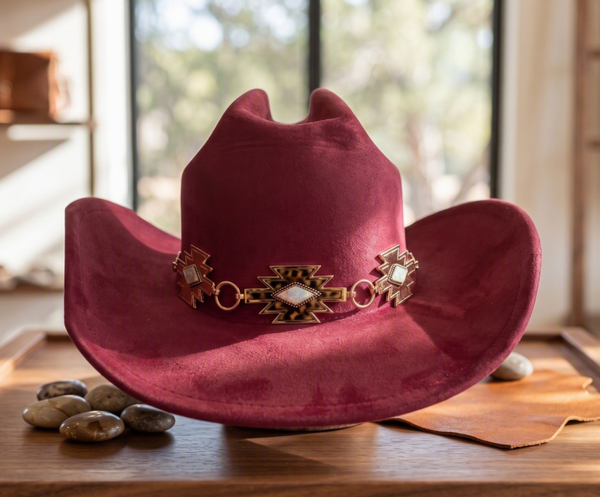 Maroon Suede Cowboy Hat with Gold and Gemstone Tortoiseshell Band - Southwestern Chic