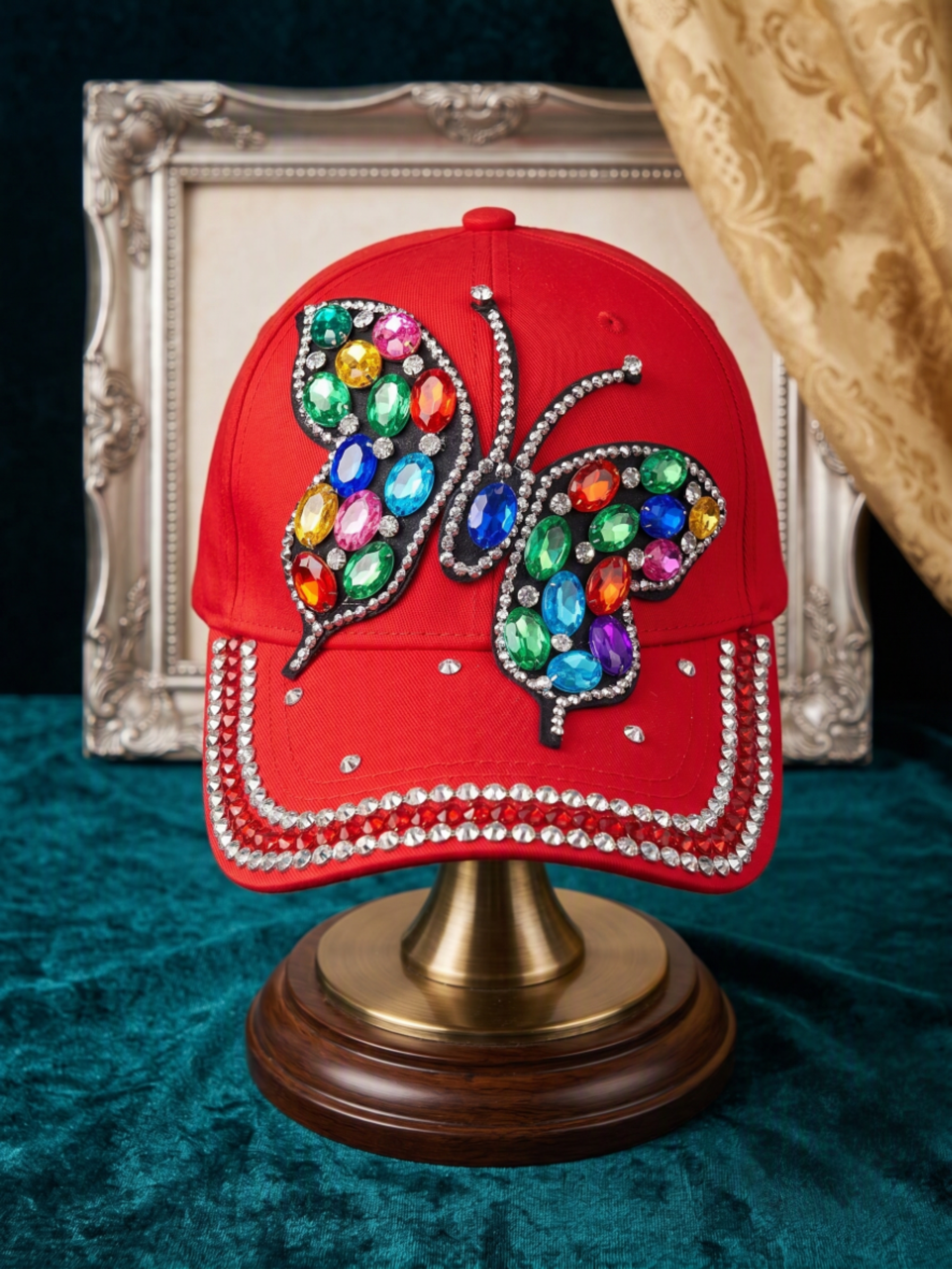 Vibrant Jewel Butterfly Cap in Red - Luxe Rhinestone Statement Hat