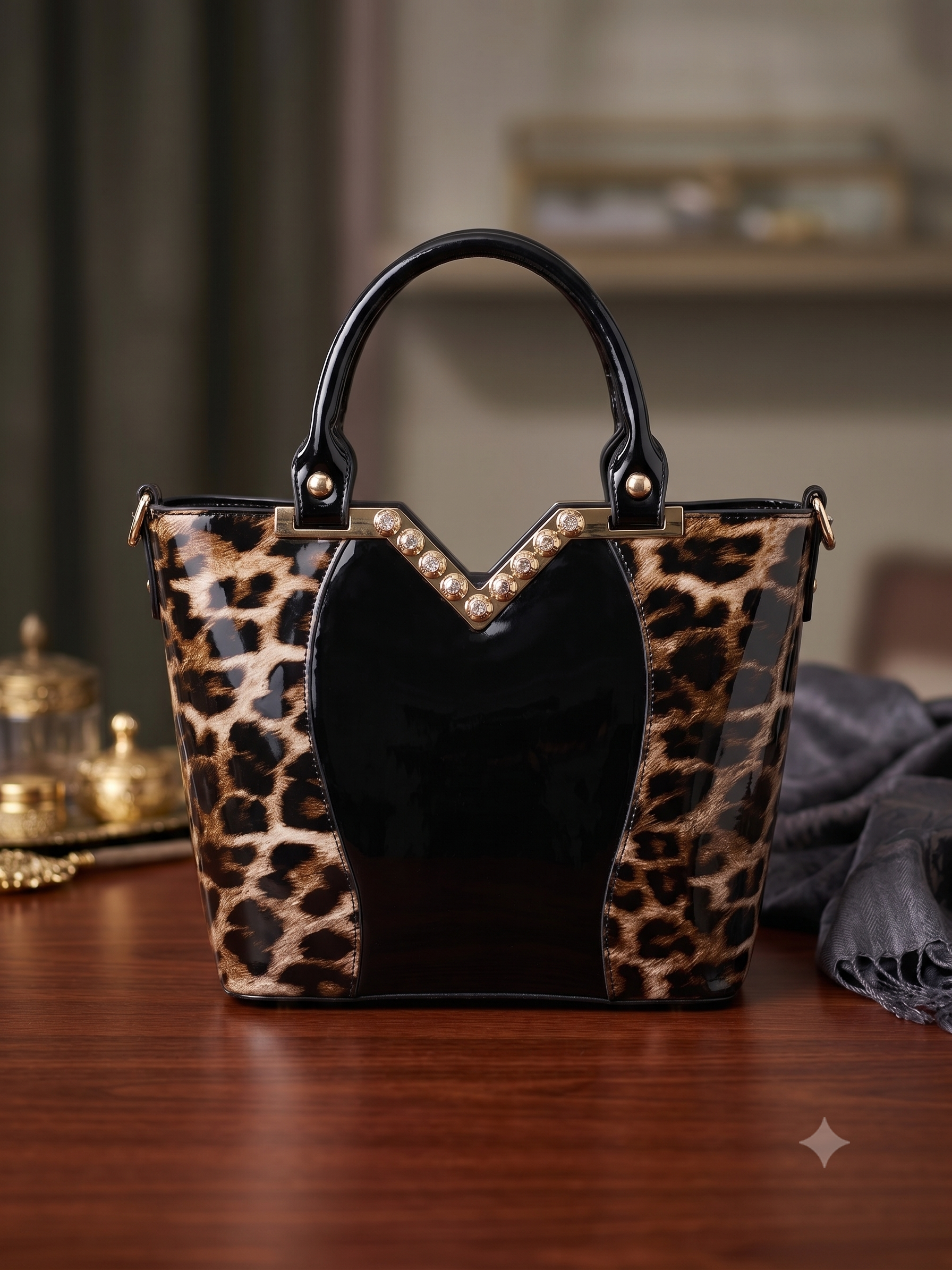 Luxury Leopard Print Satchel Handbag for Women – High-Shine Black Patent Leather Tote Bag with Gold V-Shaped Rhinestone Trim & Top Handle
