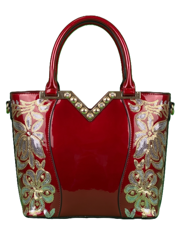 Glossy Red Structured Tote Bag with Floral Sequin Embroidery & Gold-Tone Hardware