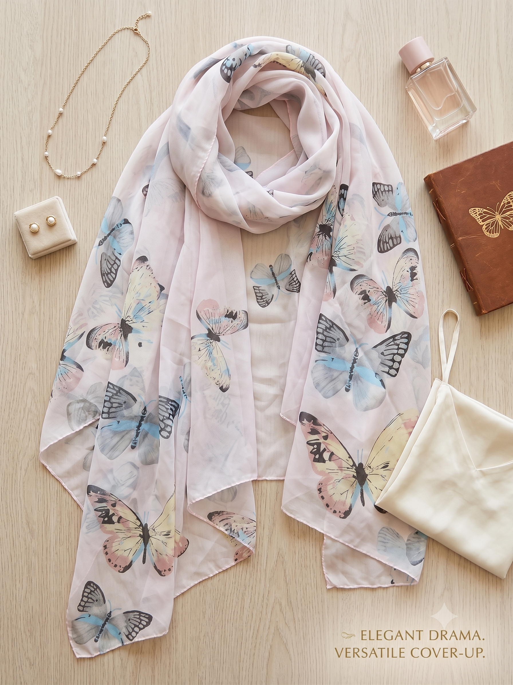 Sheer Pastel Butterfly Print Dramatic Shawl, Wrap & Kimono Cover-up