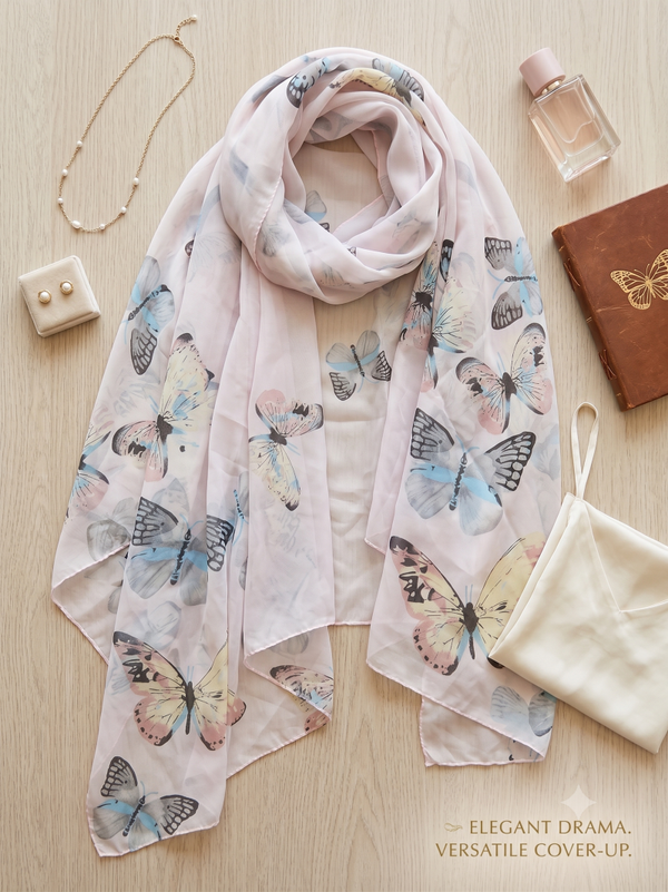 Sheer Pastel Butterfly Print Dramatic Shawl, Wrap & Kimono Cover-up