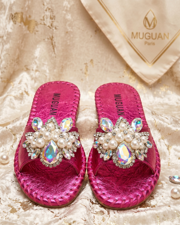MUGLER PARIS Fuchsia Pearl & AB Crystal Embellished Dazzle Slides