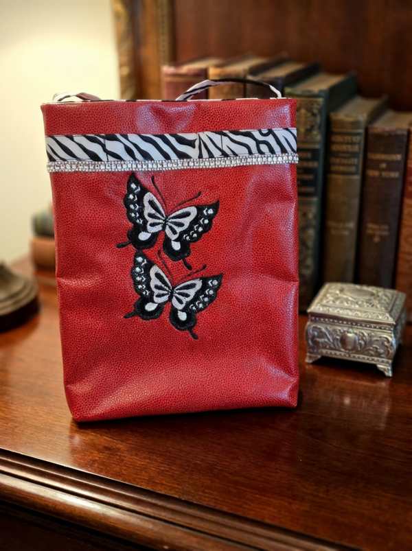 Red Textured Crossbody Bag – Embroidered Butterfly & Leopard Print Statement Purse