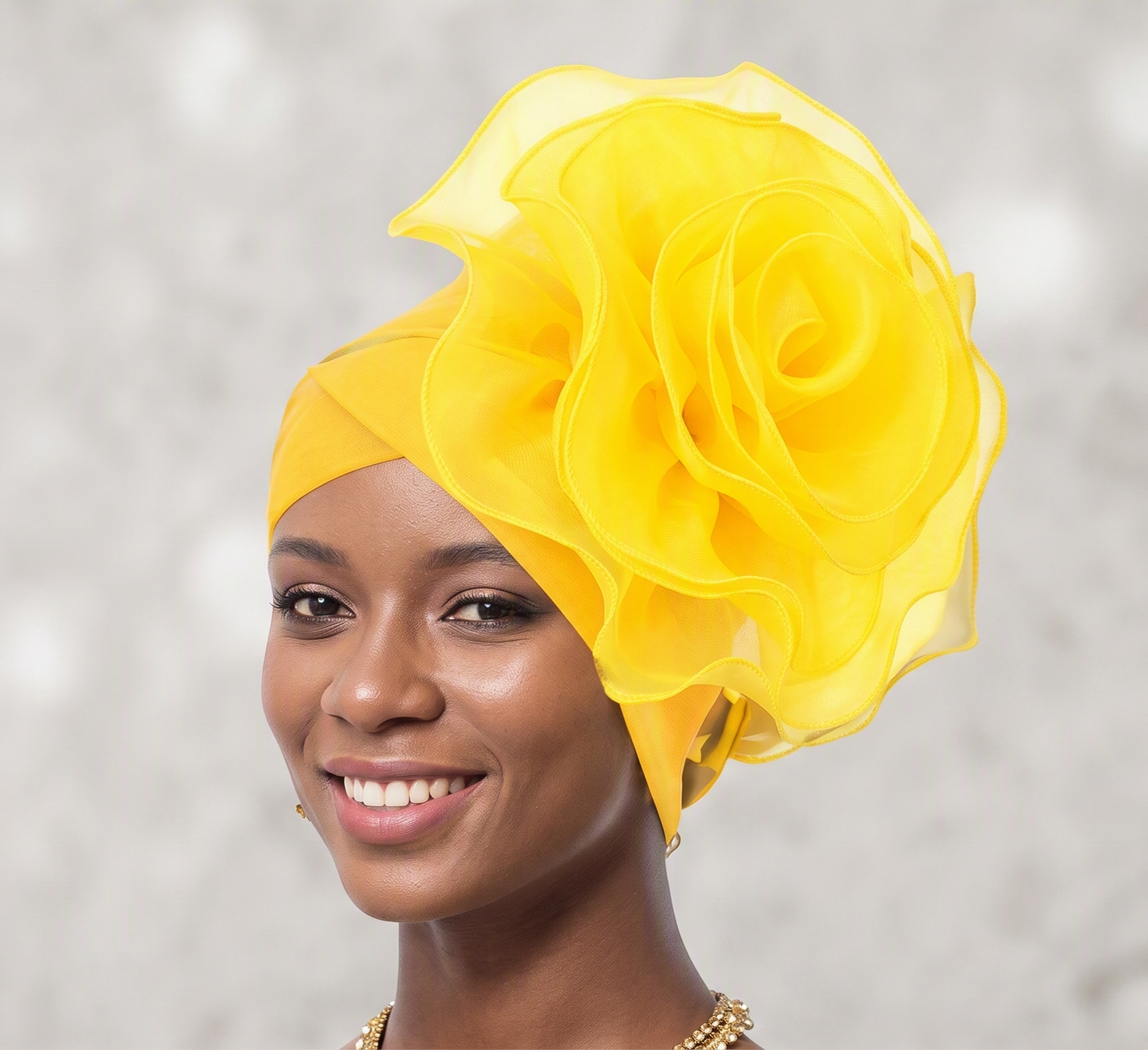 Stunning Women's Bright Yellow Turban Fascinator | Statement Ruffle Flower & Sparkling Accents | African Style Pre-tied Gele Wrap