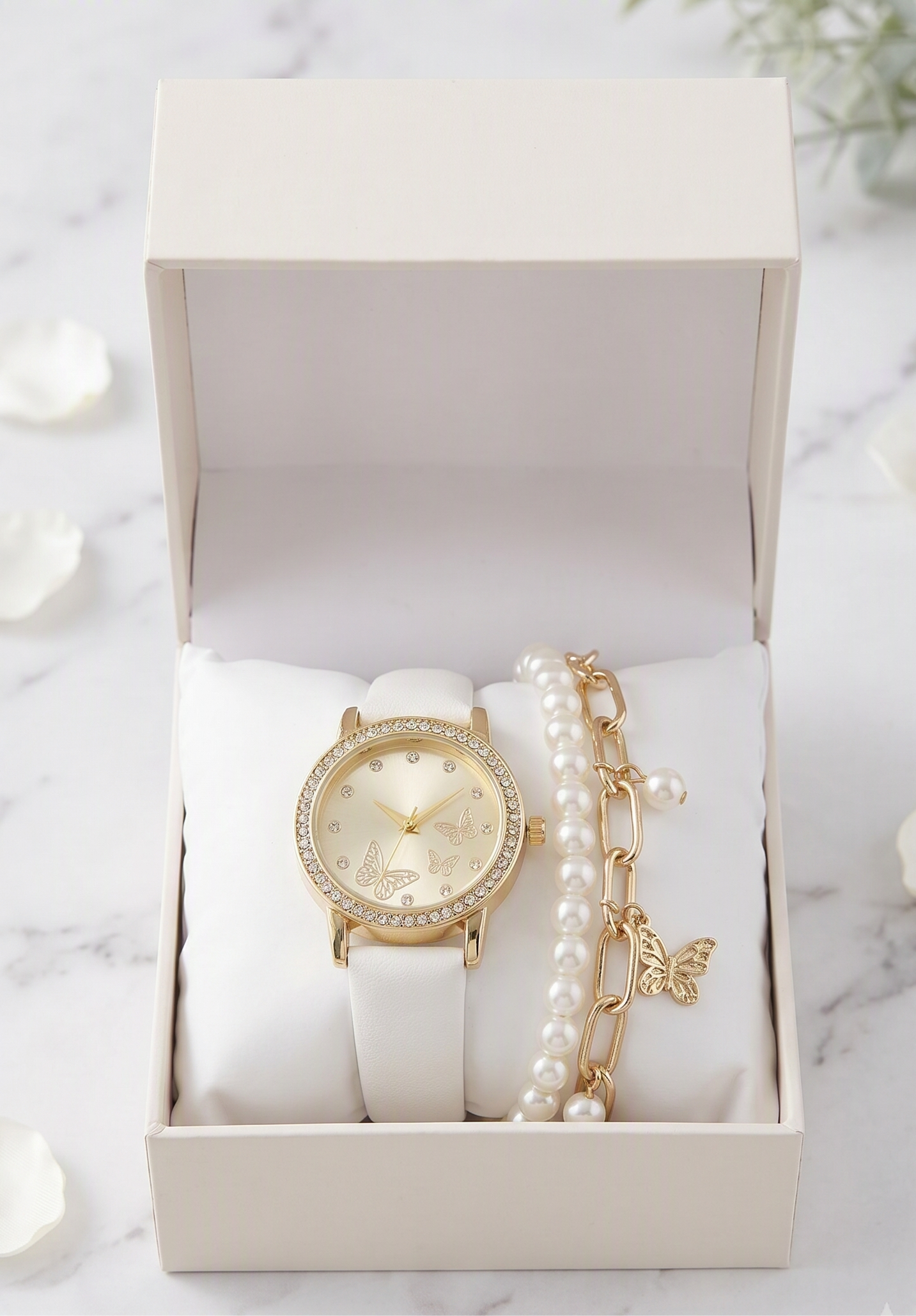 Women's Gold Butterfly Dial Watch with Crystal Bezel and Matching Pearl Bracelet Set - White Faux Leather