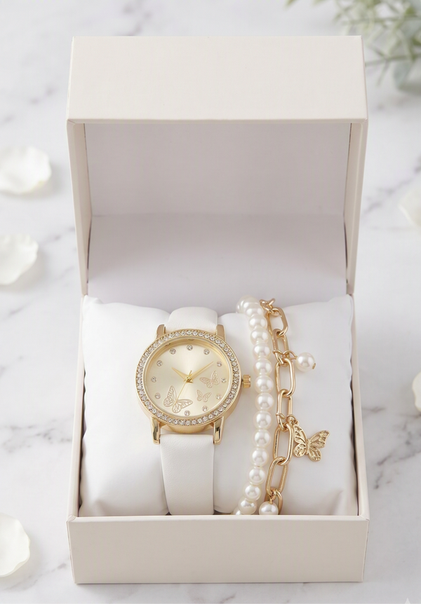 Women's Gold Butterfly Dial Watch with Crystal Bezel and Matching Pearl Bracelet Set - White Faux Leather