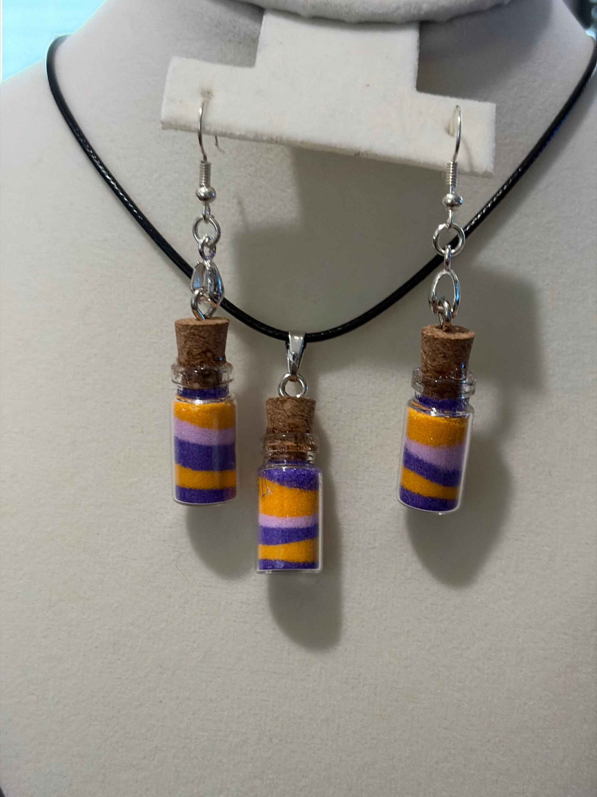 Dark purple, gold and light purple necklace, and earrings set