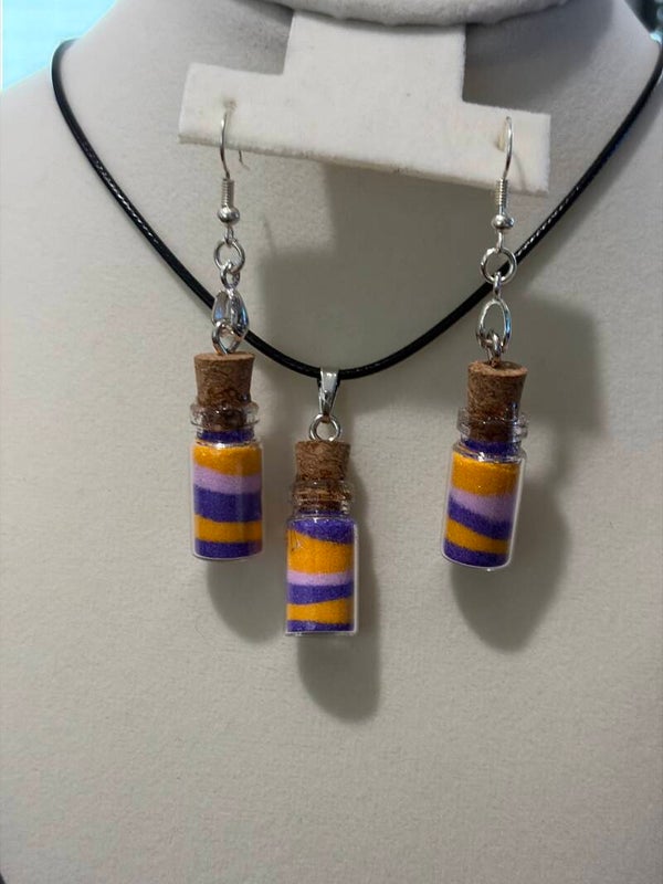 Dark purple, gold and light purple necklace, and earrings set