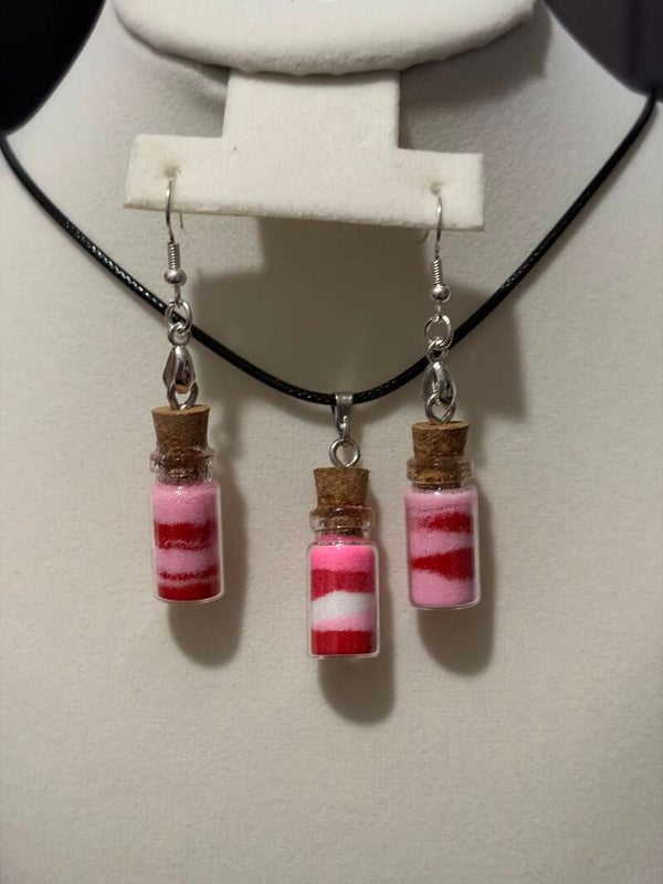 Necklace and earrings set, valentine pink red white