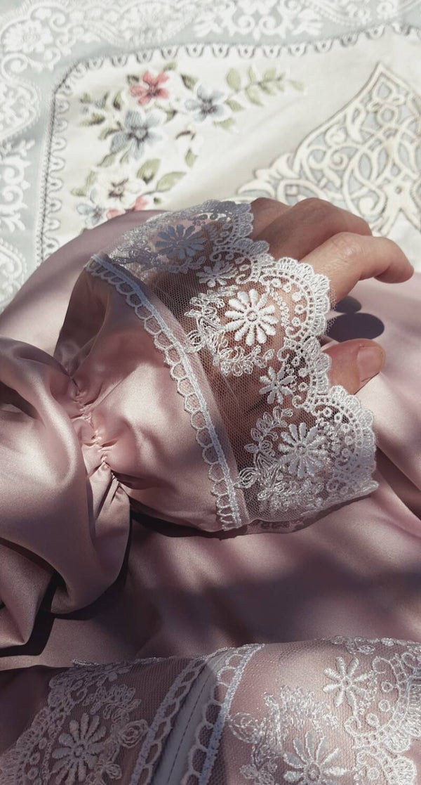Soft Mauve Satin Prayer Dress with White Lace
