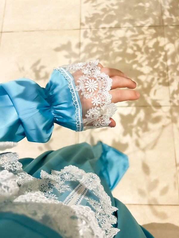 Aquamarine Satin Prayer Dress with White Lace