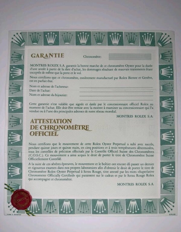1 x Blank Rolex Certificate
